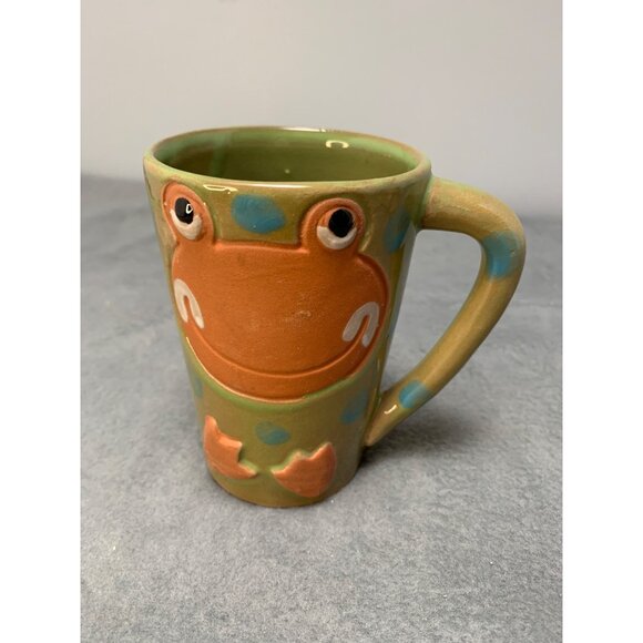 Handmade 1980s Frog Face Ceramic Mug with Blue Polka Dots & Green/Orange Glaze - Picture 8 of 9